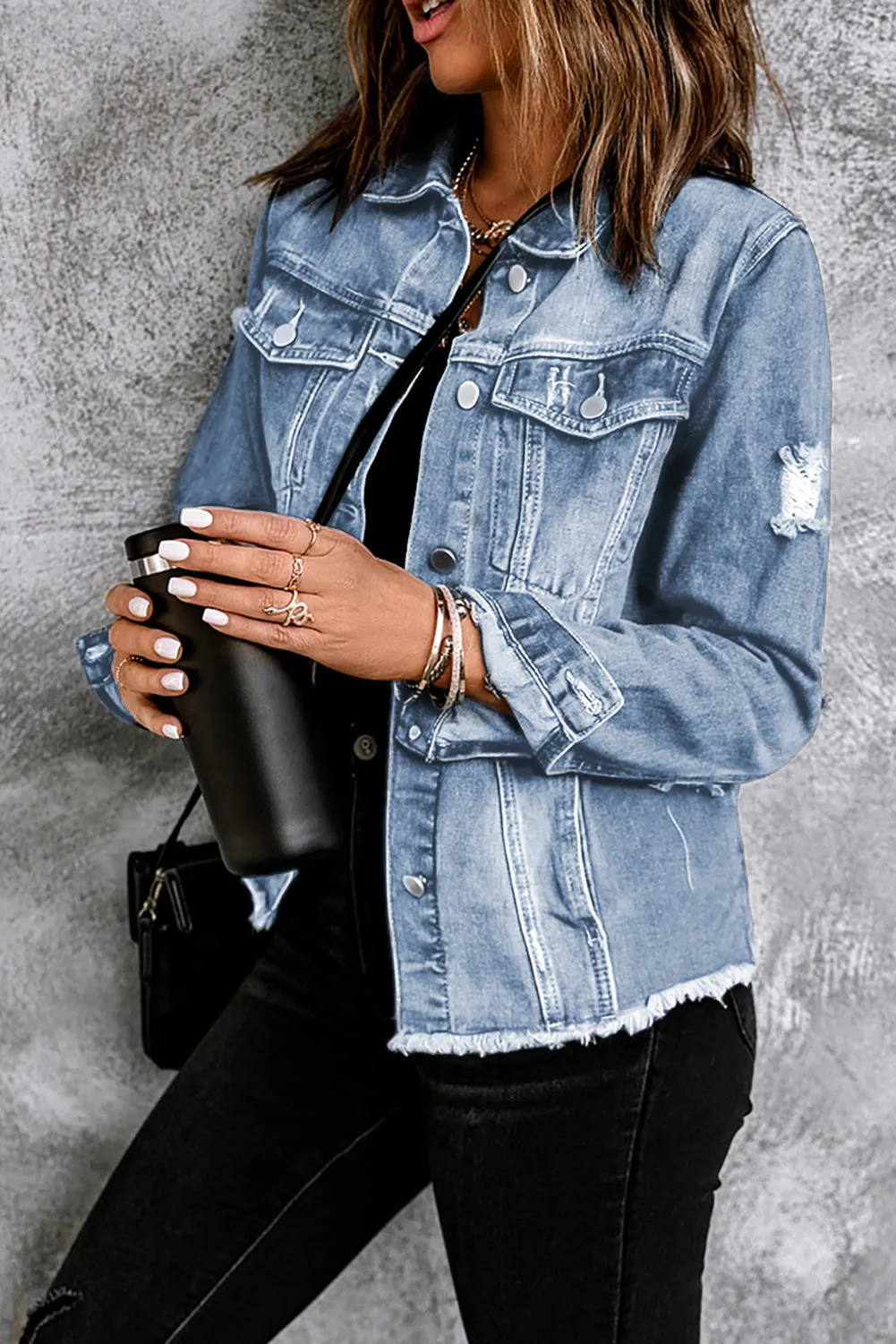 3 Distressed Raw Hem Denim Jacket