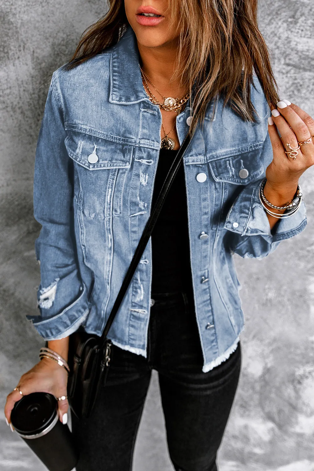 3 Distressed Raw Hem Denim Jacket