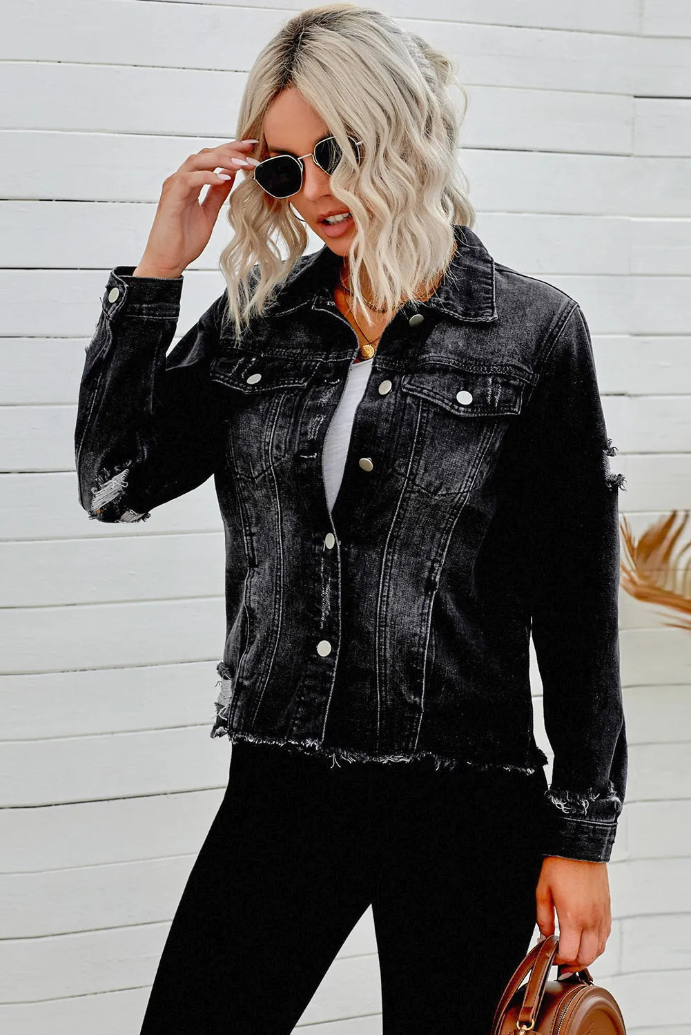 3 Distressed Raw Hem Denim Jacket