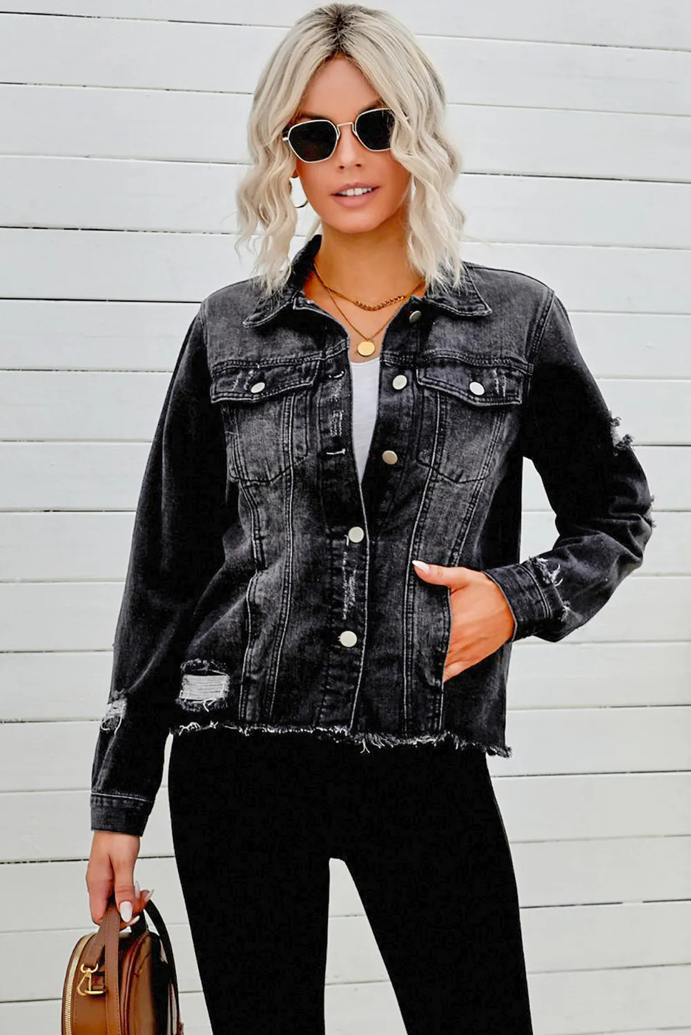3 Distressed Raw Hem Denim Jacket