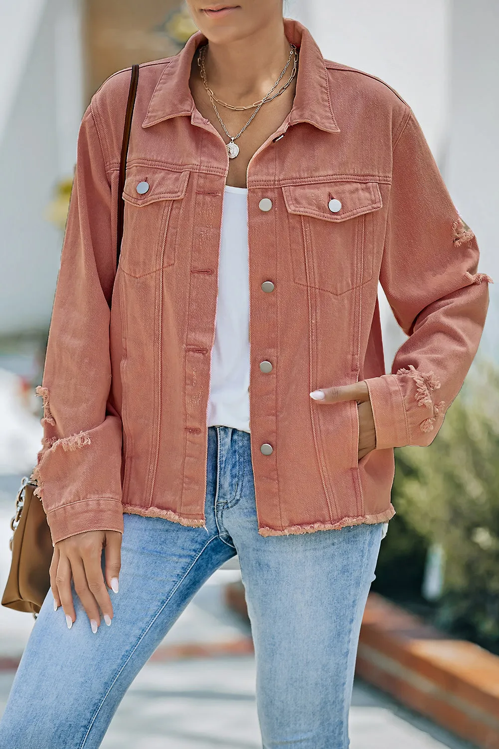 3 Distressed Raw Hem Denim Jacket