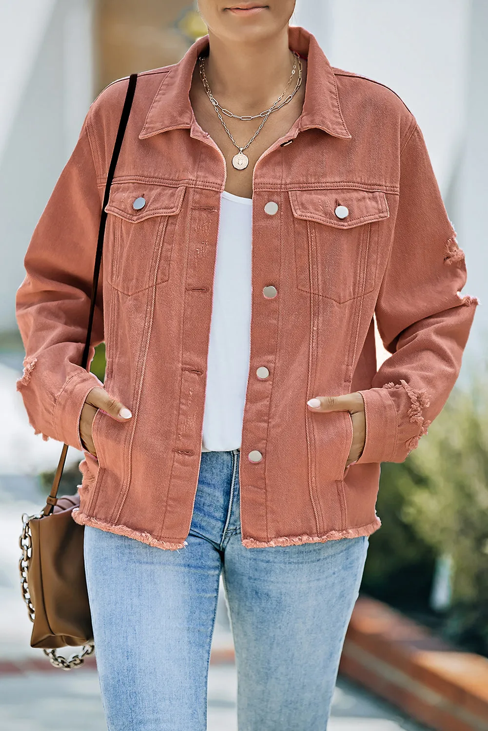 3 Distressed Raw Hem Denim Jacket