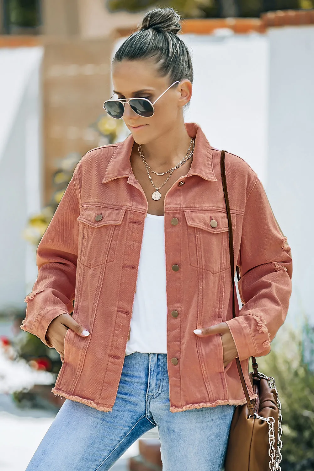 3 Distressed Raw Hem Denim Jacket
