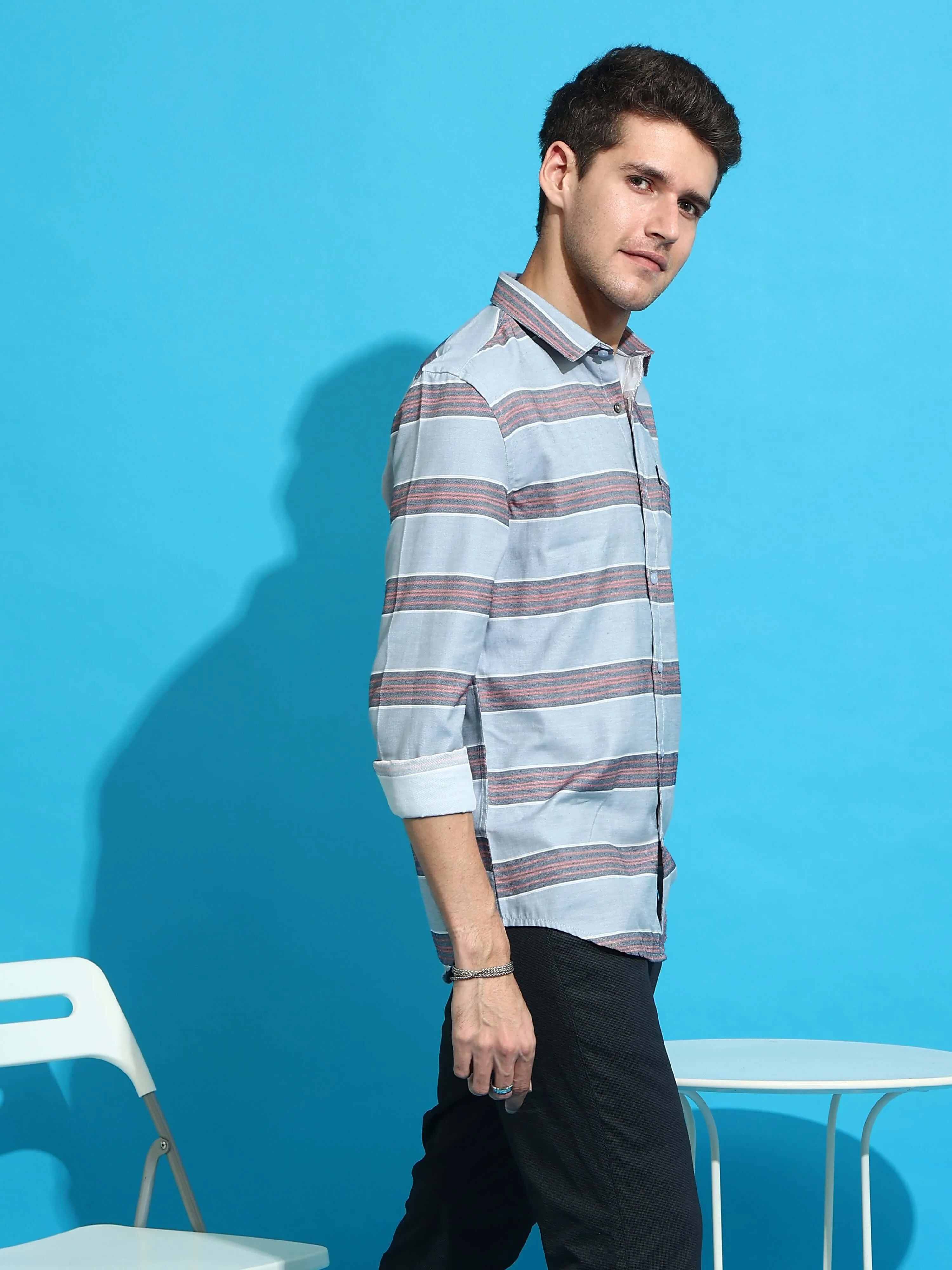 Grey & Red casual stripe full sleeves shirt