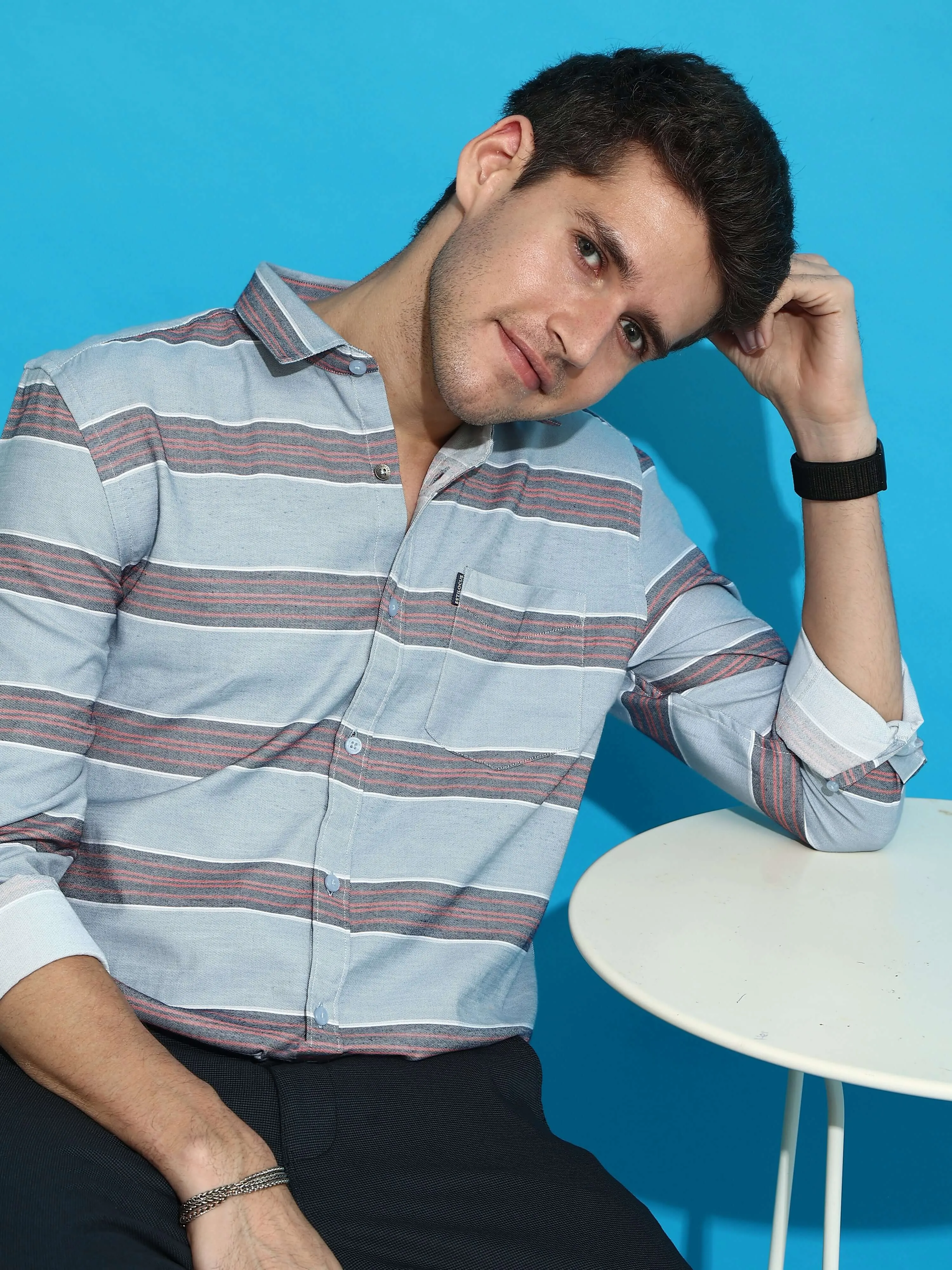 Grey & Red casual stripe full sleeves shirt