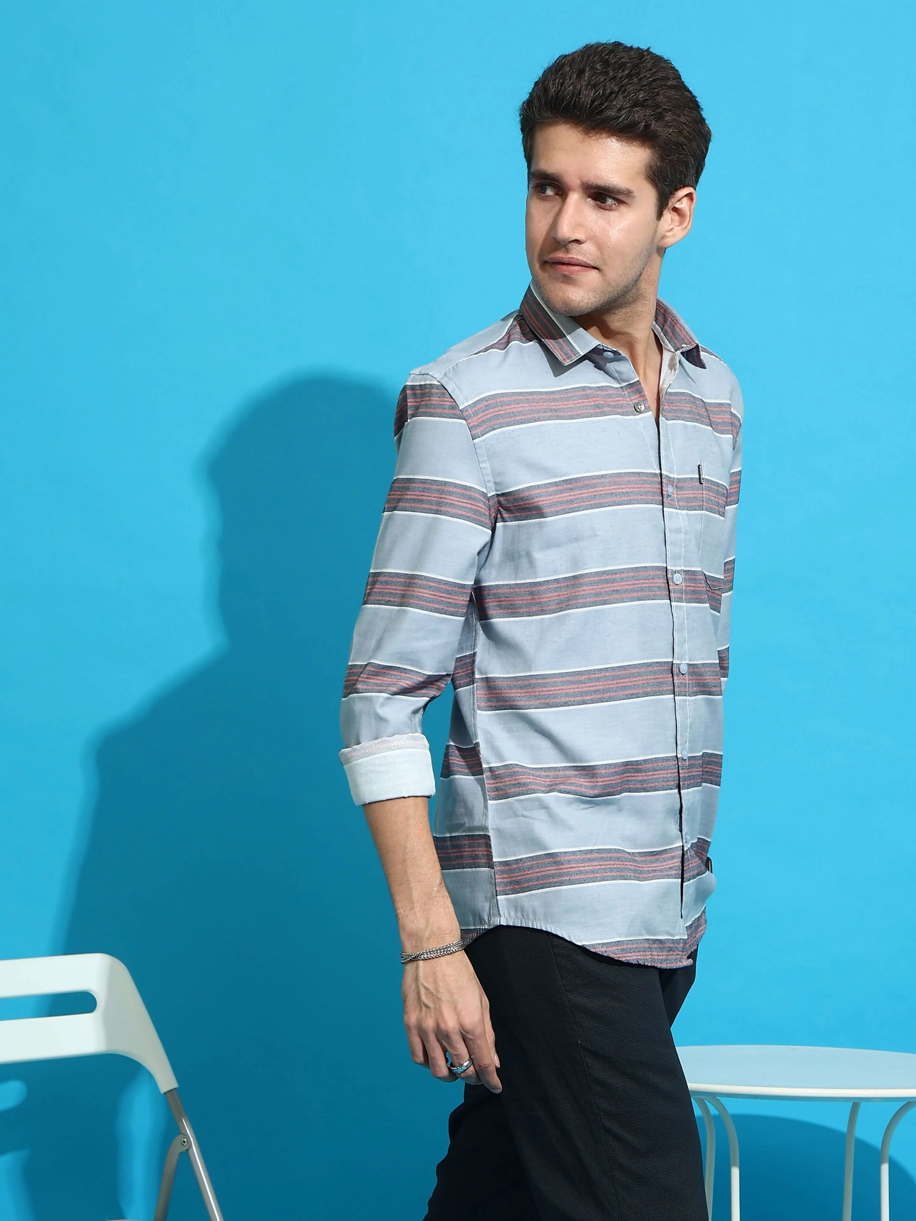 Grey & Red casual stripe full sleeves shirt